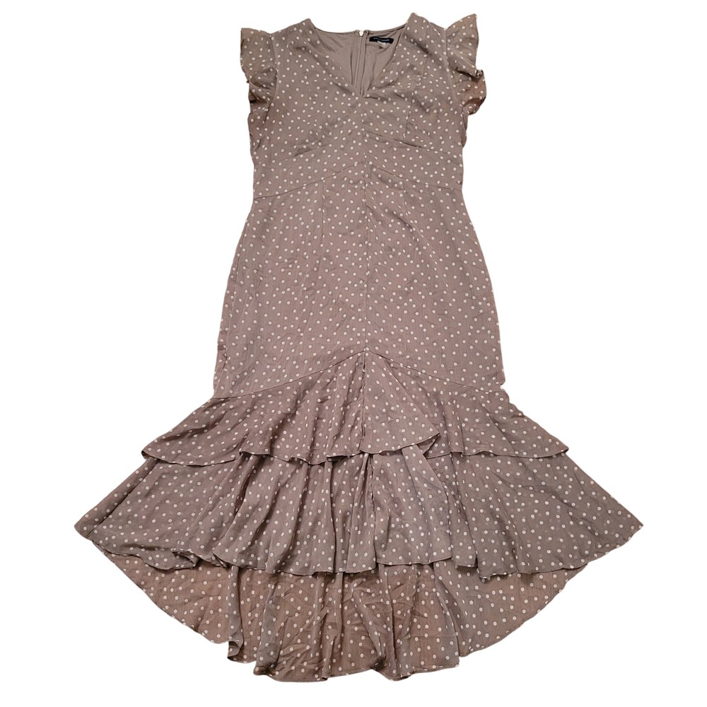 Tommy Hilfiger Tan Polka Dot Ruffle High Low Mermaid Trumpet Dress 12 V Neck